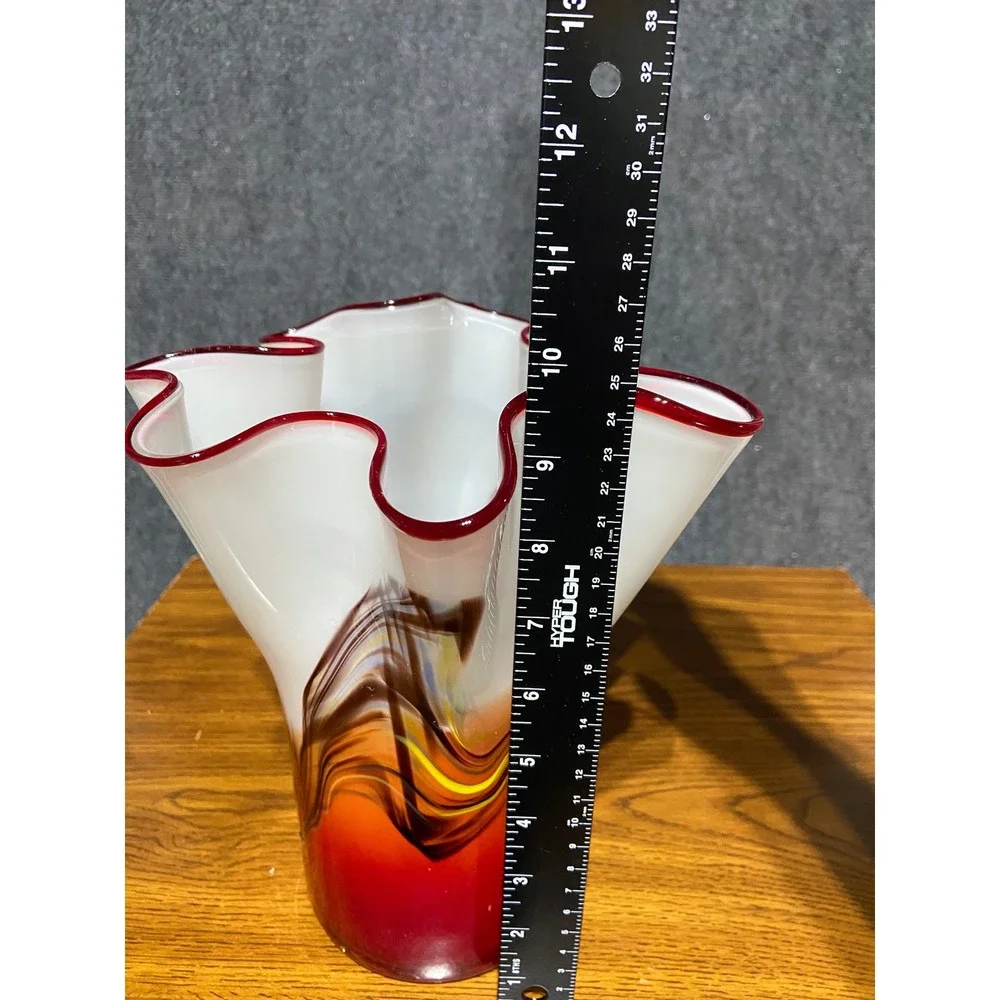 VTG Murano Style Hand Blown Cased Glass Handkerchief Vase Red White Multi Swirl‎